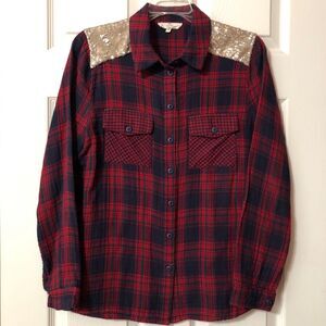 Entro Embellished Plaid Button-Down Blouse Size Small Womens Long Sleeve Sequins